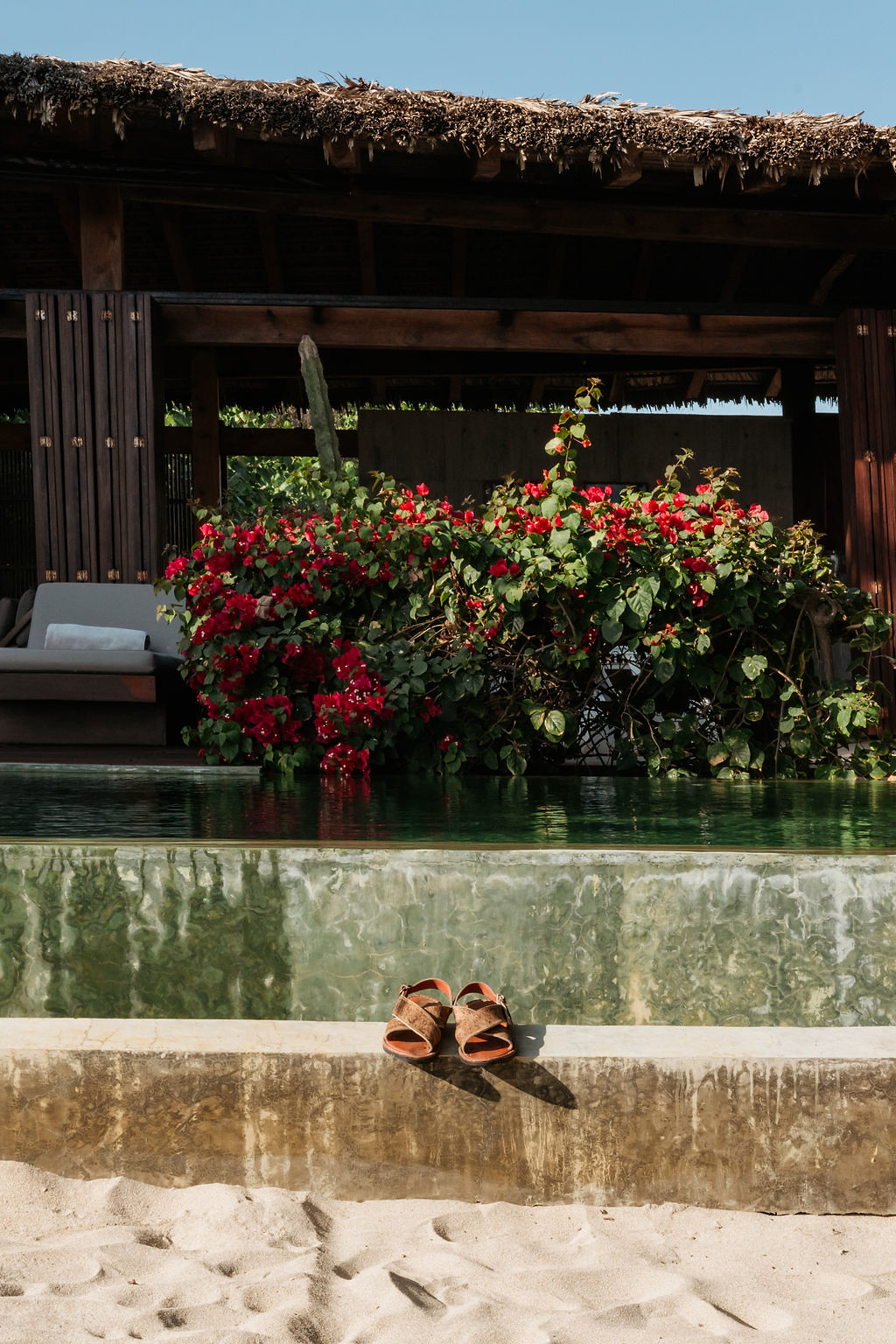 Leather sandals on a ledge next to an infinity pool and bougainvillea at Casa Orquidea in Mexico