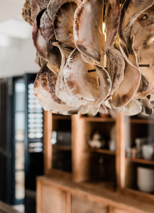 Sculptural shell pendant light in the Casa Amalia kitchen