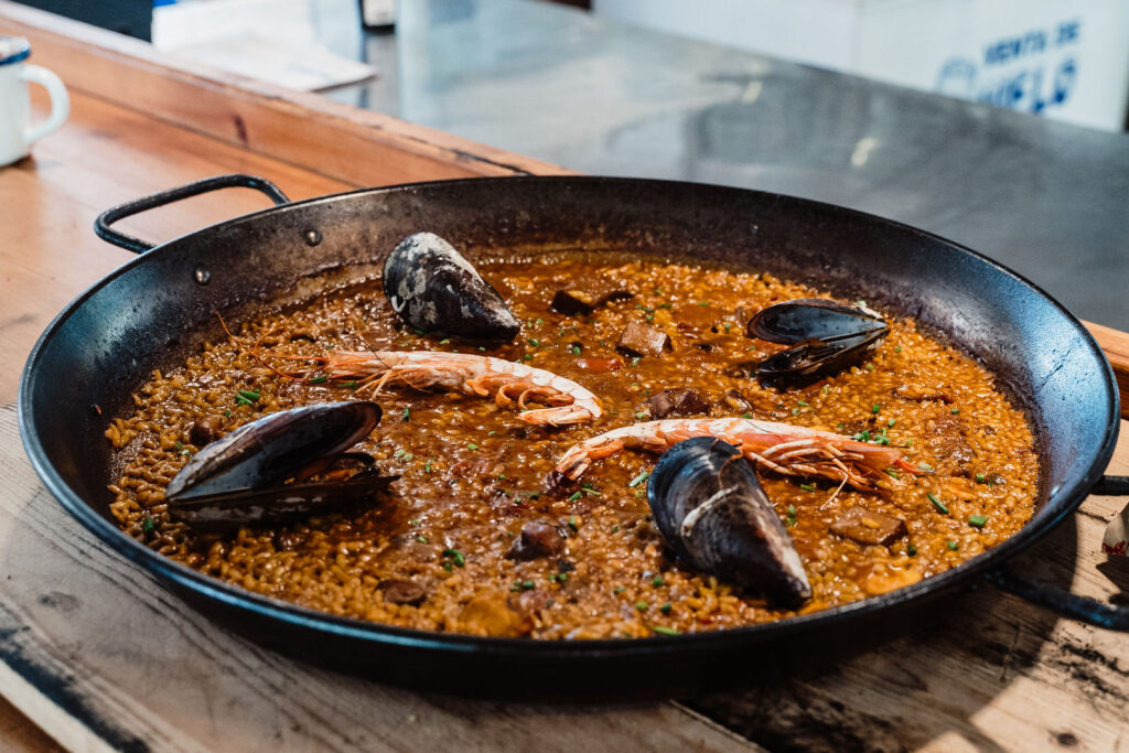 Seafood paella with prawns and mussels in Ibiza