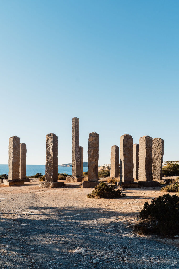 Stone columns at Time and Space sculpture on Ibiza’s coast