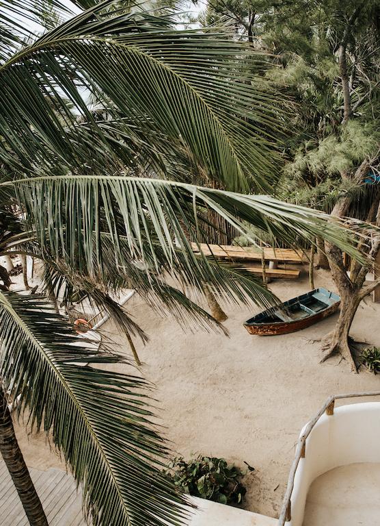 View through palm fronds to a sandy path, wooden bench, and small boat below.
