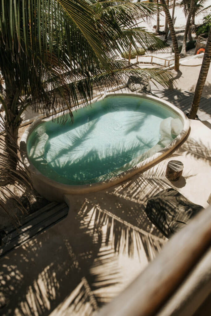 A small curved pool sits beneath palm fronds, with cushioned loungers on the surrounding deck.