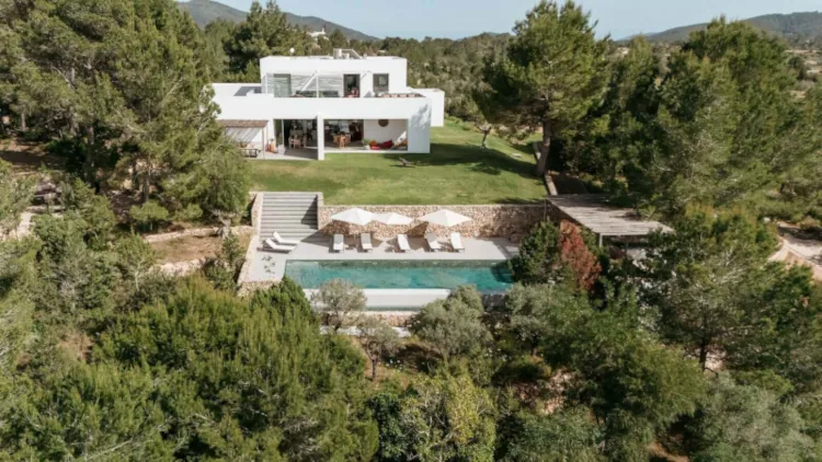 A modern white house with large windows nestled among lush green trees. Below is a swimming pool surrounded by lounge chairs and umbrellas. The scene is serene and inviting.