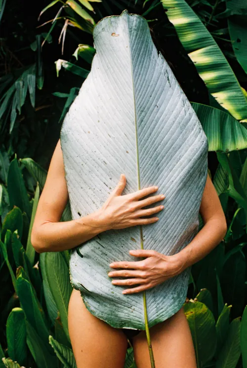 A person stands in a jungle setting, their body mostly concealed by a large, green leaf, creating a playful and natural scene.