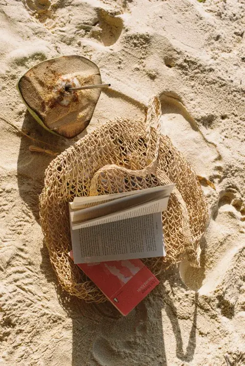 Open book 'Hot Money' by Naomi Klein, halved coconut with straw, and woven tote bag resting on sandy beach with footprints