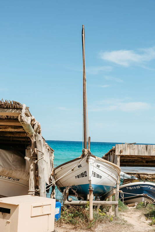 Traditional fishing boats beside the turquoise sea in Formentera