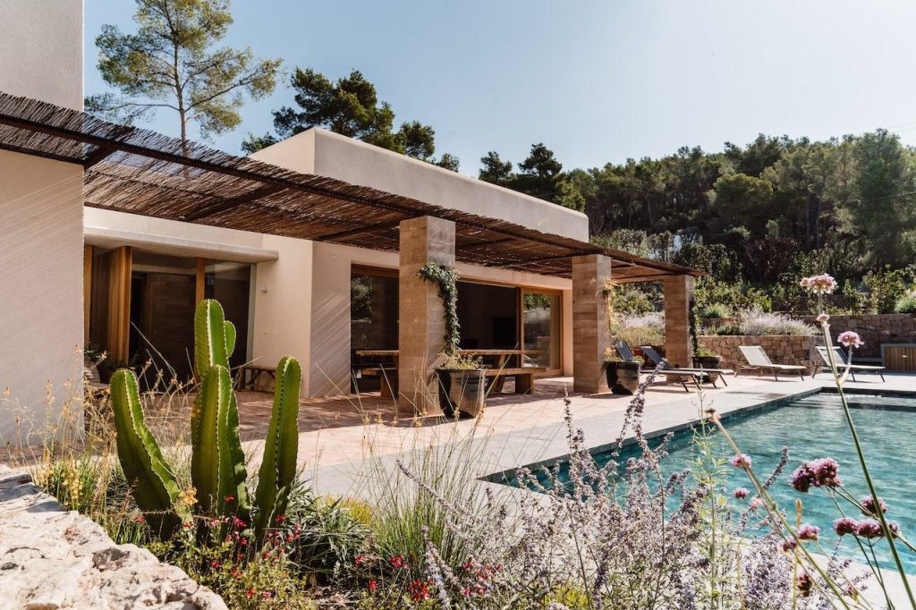 Can Beia Villa in Ibiza, with a poolside terrace, cacti, and flowering garden plants.