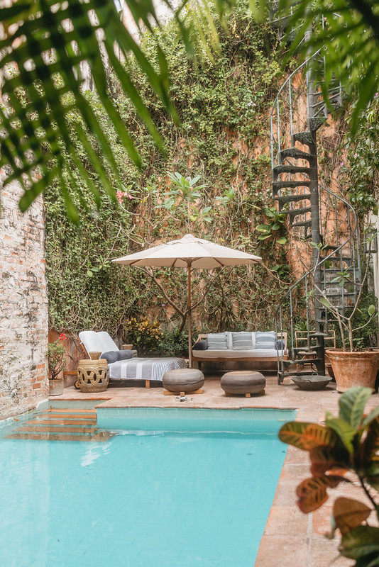 Tropical courtyard and private pool at a luxury villa in Cartagena