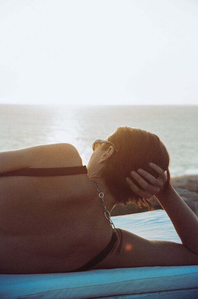 Beach lounge overlooking the ocean at golden hour in Puerto Escondido