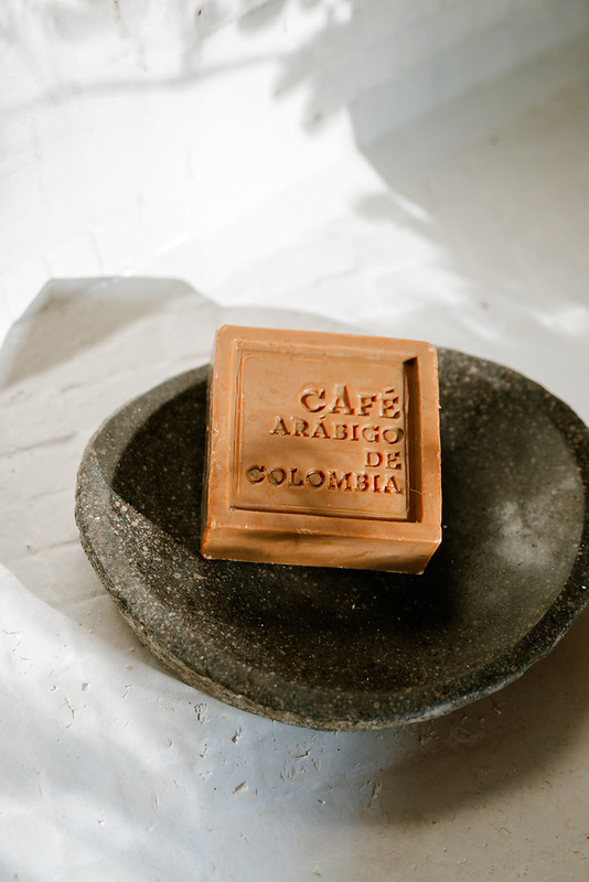 Colombian coffee bar displayed on a stone dish in the Rosario Islands, Colombia