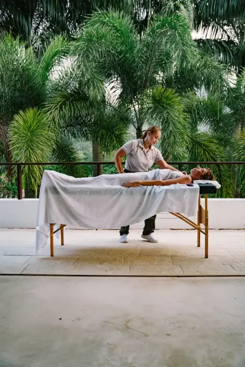A massage therapist works on a client lying on a massage table, surrounded by lush green palm trees in a tranquil setting.