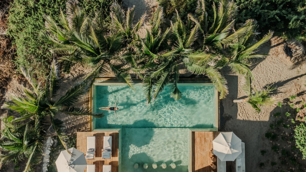 Aerial view of a swimmer in the villa pool, surrounded by palms and loungers.