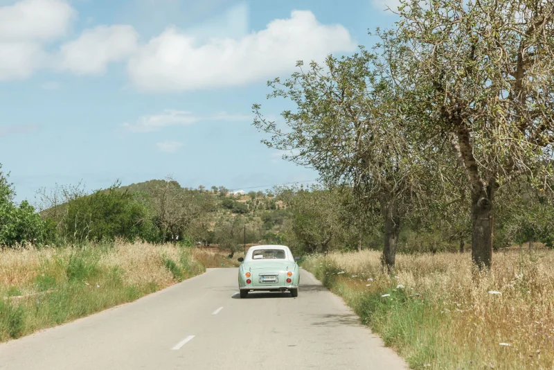 A vintage light blue car drives down a rural road flanked by tall grass and scattered trees under a partly cloudy sky, evoking a serene and nostalgic mood.