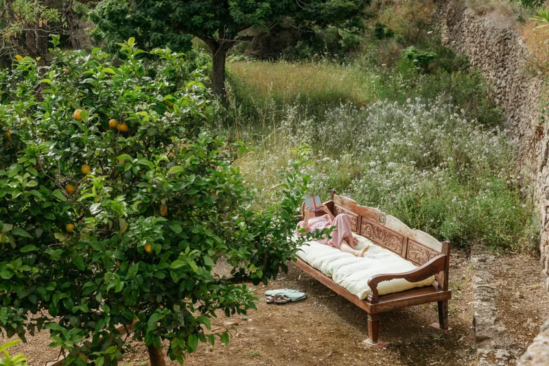 A wooden bench with a cushion is set in a lush garden. A person with a pink dress lounges, surrounded by tall grass, lemon trees, and a stone wall. The mood is peaceful and serene.