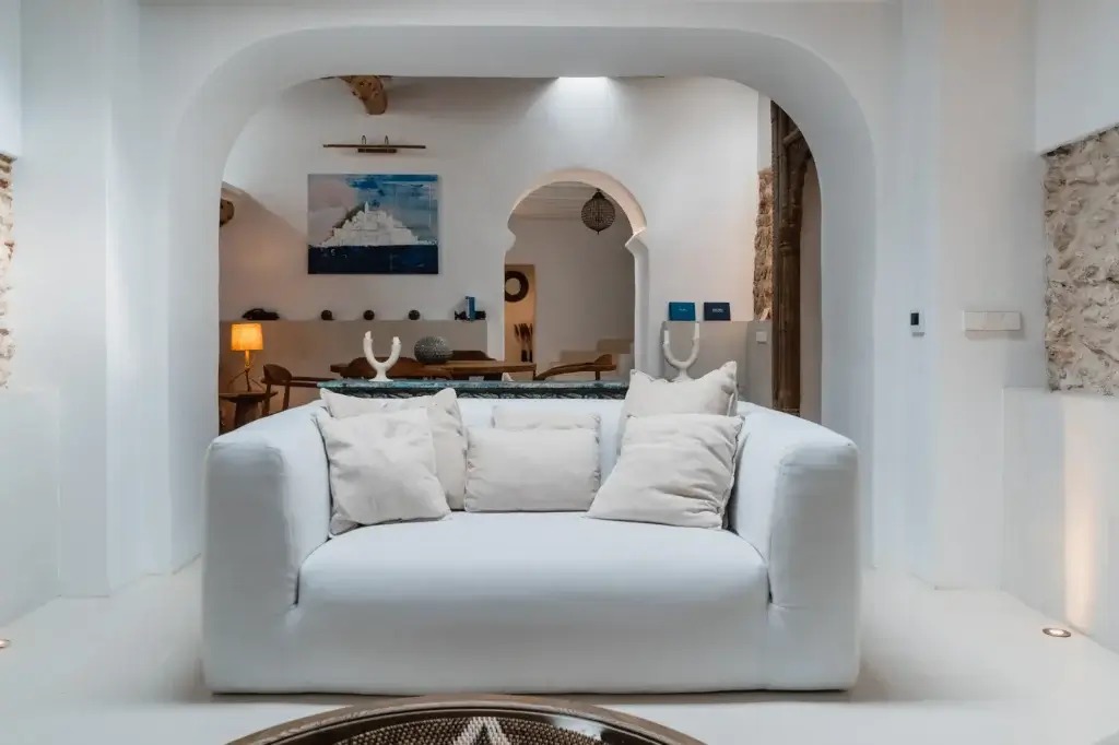 White sofa in the living area of Can Sabina