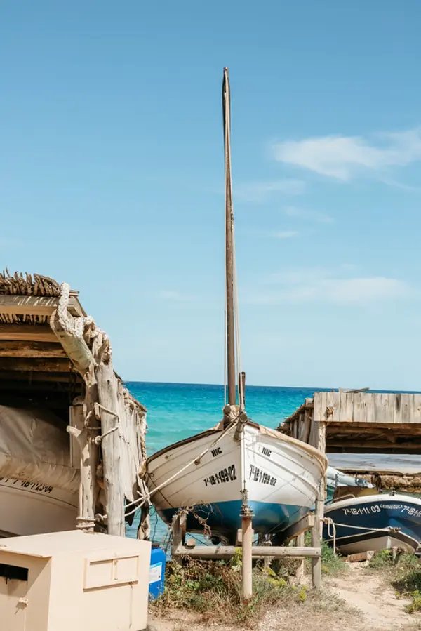 A fisherman's boat docked at its hut in Formentera