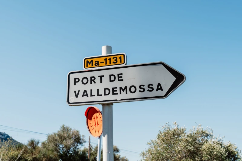 Road sign pointing to Port de Valldemossa on route Ma-1131, under clear blue sky, with trees in the background and a sunny atmosphere.