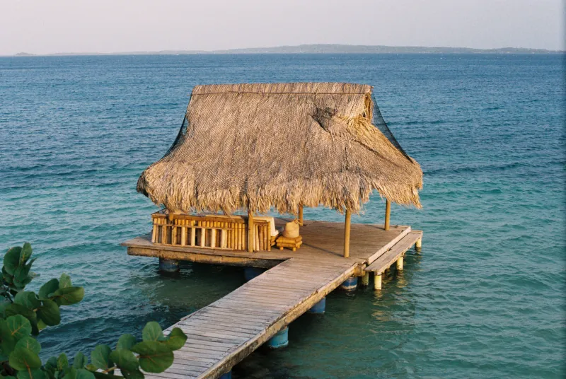 Wooden pier with a thatched-roof hut extends into calm blue ocean. Rustic wooden furniture under the hut. Lush green leaves in the foreground add a tropical vibe.