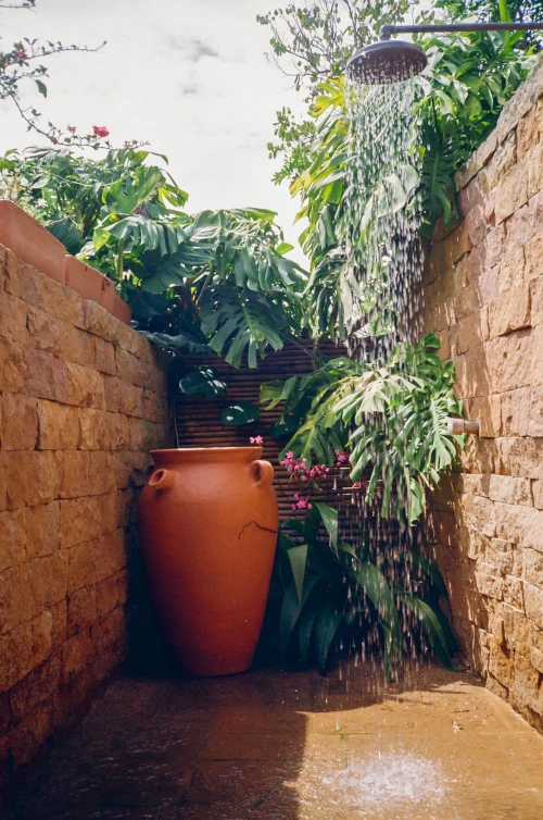 Outdoor shower with water cascading from a round showerhead onto stone tiles, surrounded by lush green foliage and clay pot against stone walls.