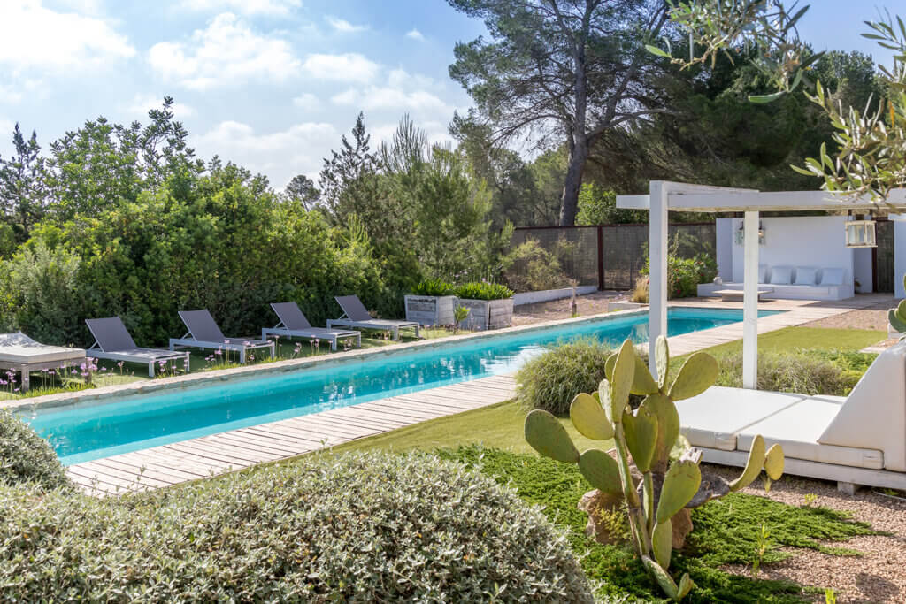 Long lap pool at Can Paloma luxury villa surrounded by manicured gardens, lounge chairs, and prickly pear cacti.