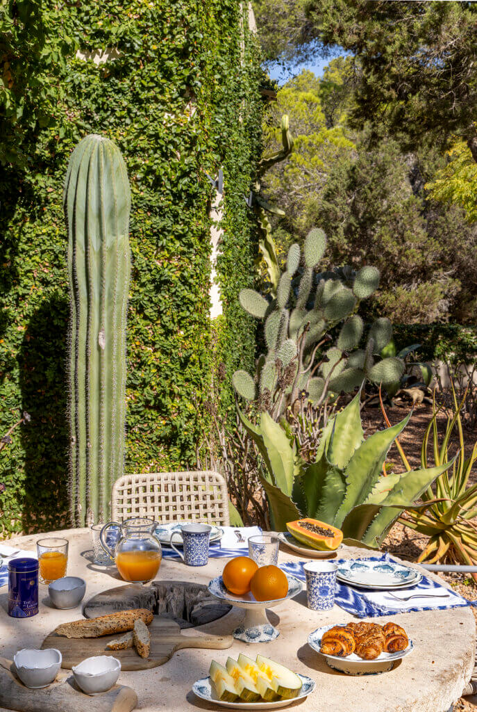 A stone breakfast table at luxury Villa Anaïs set with fresh fruit, pastries, and juice, surrounded by large cacti and ivy-covered walls.