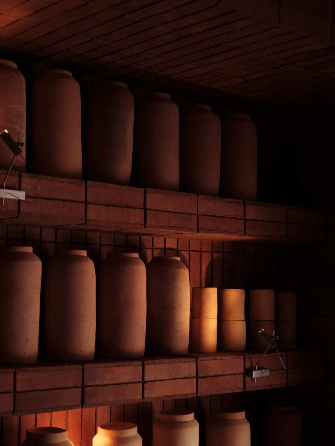 Ceramic vessels displayed inside Boro restaurant in Medellín