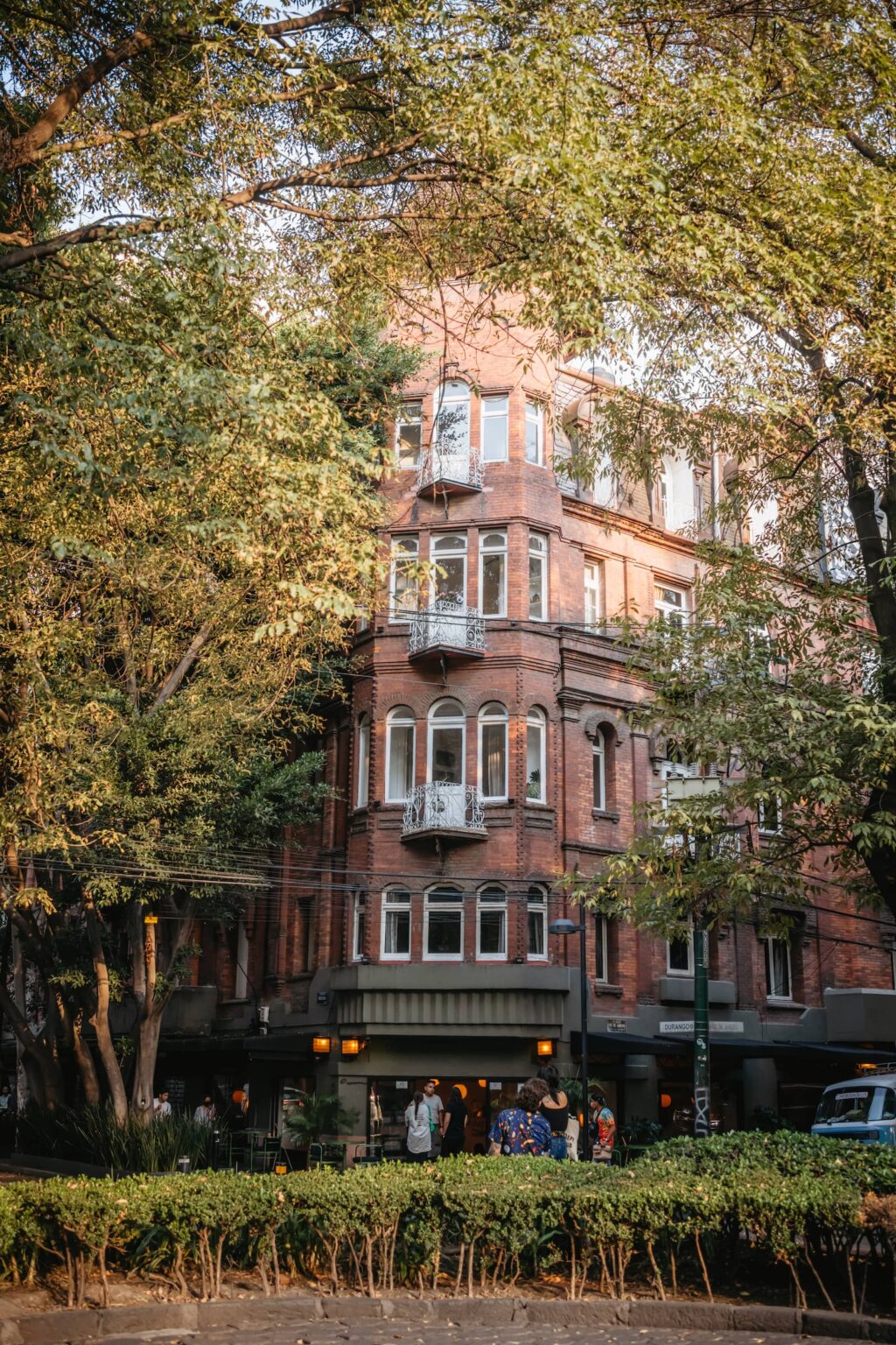 Historic brick building and restaurant in Roma Norte, Mexico City