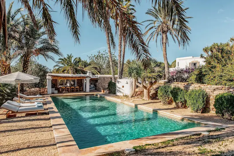 Swimming pool at Can Sabina Villa, Ibiza, surrounded by palm trees, sun loungers, and garden greenery.