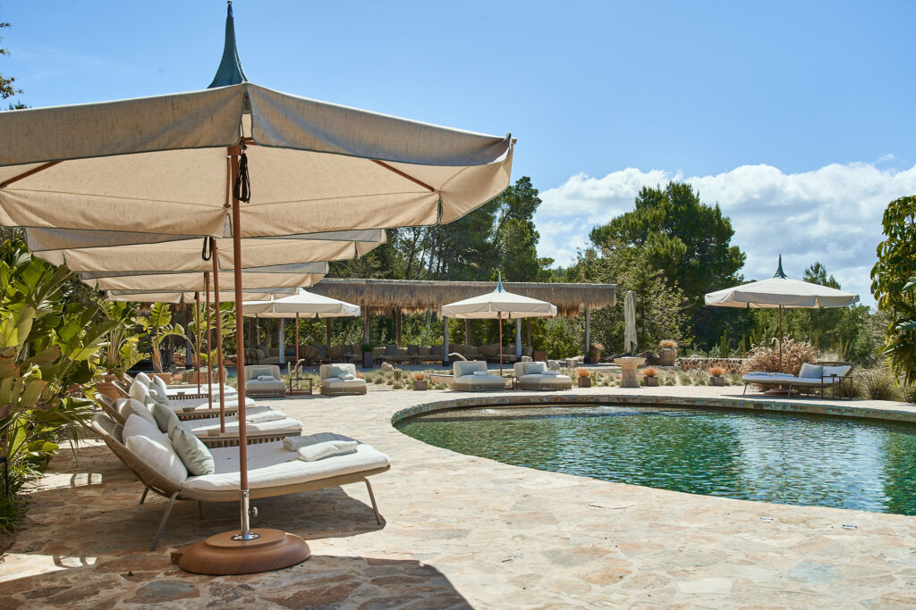 Swimming pool and parasol-shaded loungers at Fincadelica