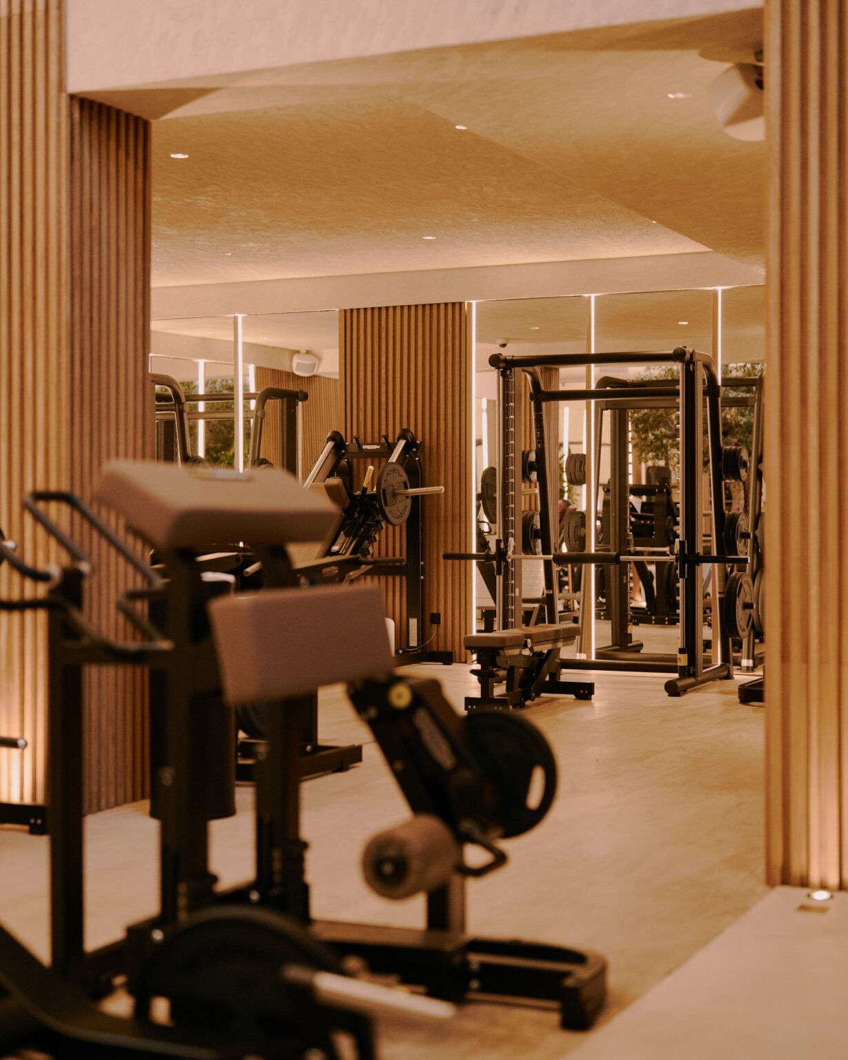 Strength-training machines in the warm-toned gym at URĀ Wellness Club, Ibiza.