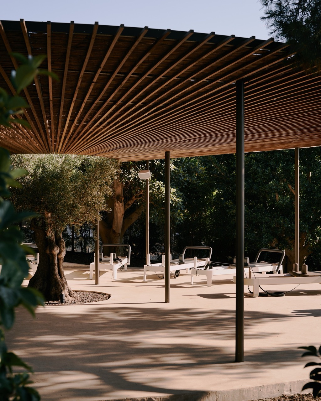 Shaded outdoor wellness deck with a timber canopy and lounge chairs at URĀ Wellness Club, Ibiza.